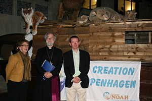 Archbishop with Ann Pettifor (campaign director, Operation Noah) and Mark Dowd (campaign strategist, Operation Noah) and the Ark made by Neil Winship