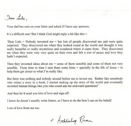 Archbishop Rowan's letter to Lulu Renton, aged 6