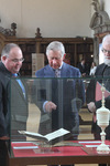 Curators of the exhibition Professor Brian Cummings and Hugh Cahill with Prince Charles, Archbishop Rowan, and Giles Mandelbrote, Librarian of Lambeth Palace Library